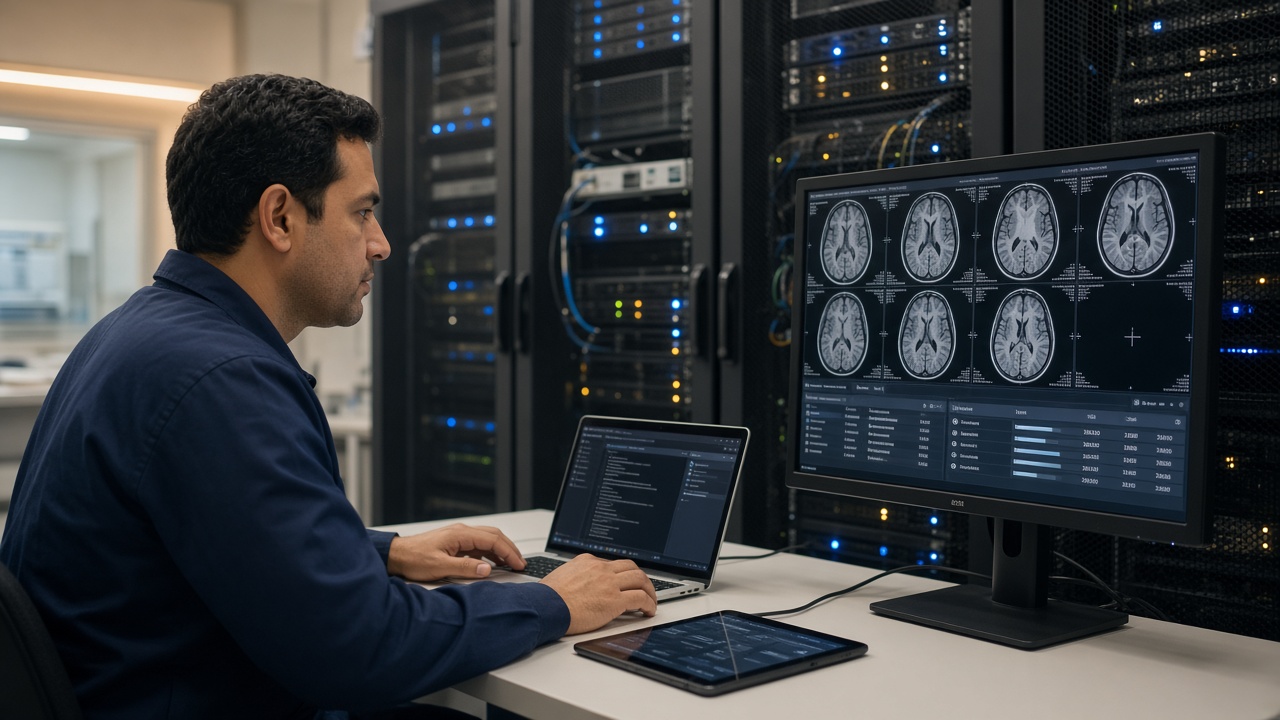 Imaging informatics engineer running a PACS and VNA DICOM data migration in a hospital server room