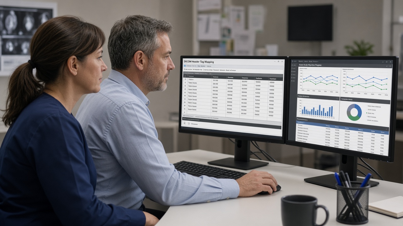 Imaging informatics specialists reviewing DICOM header tag mapping tables and patient study migration progress dashboards