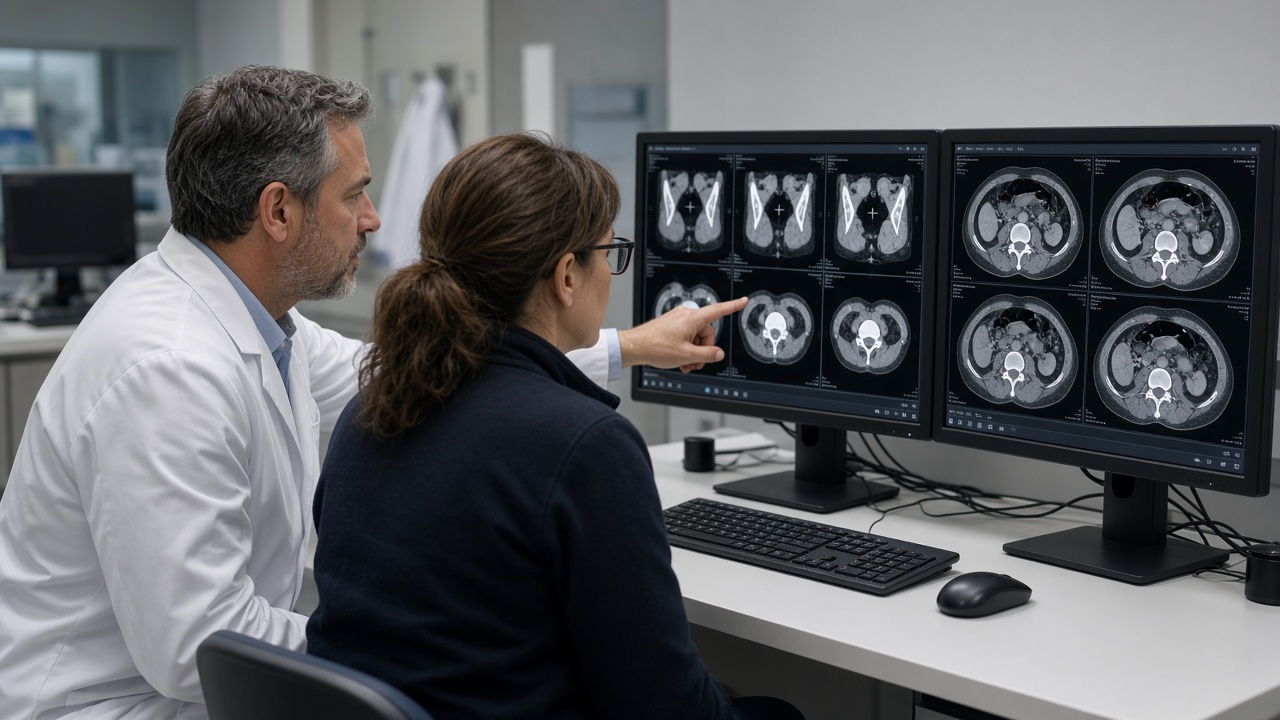 Radiologist and PACS engineer validating prior and current CT studies side by side during clinical go-live testing