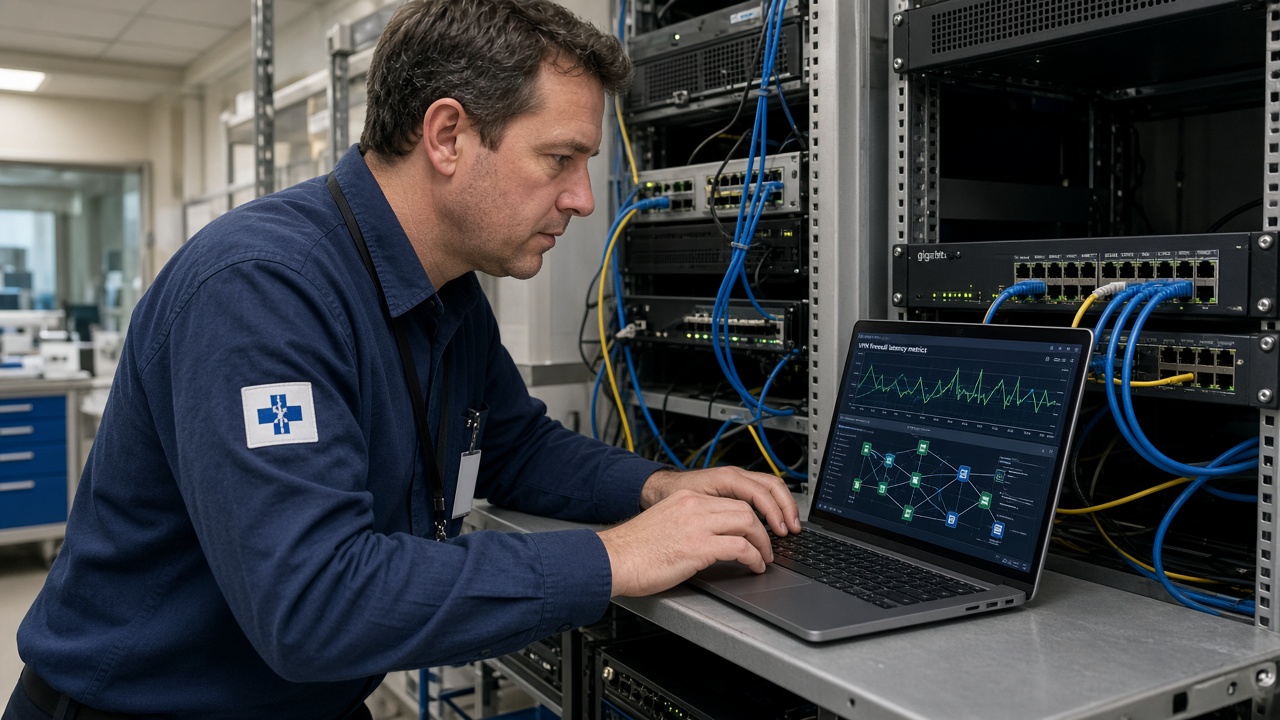 Healthcare network engineer diagnosing PACS VPN latency and gigabit switch throughput in a hospital server room