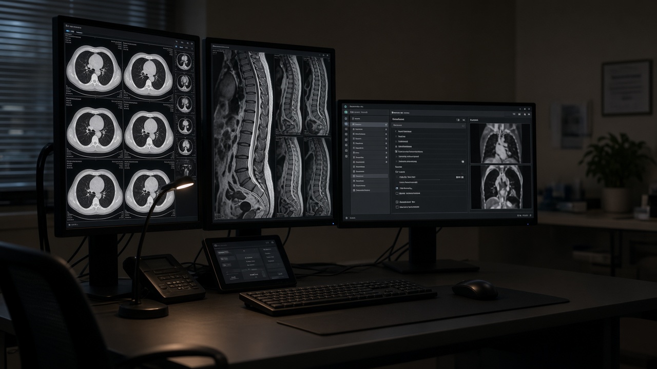 Diagnostic radiology reading workstation displaying chest CT and spine MRI studies across calibrated multi-monitor PACS displays