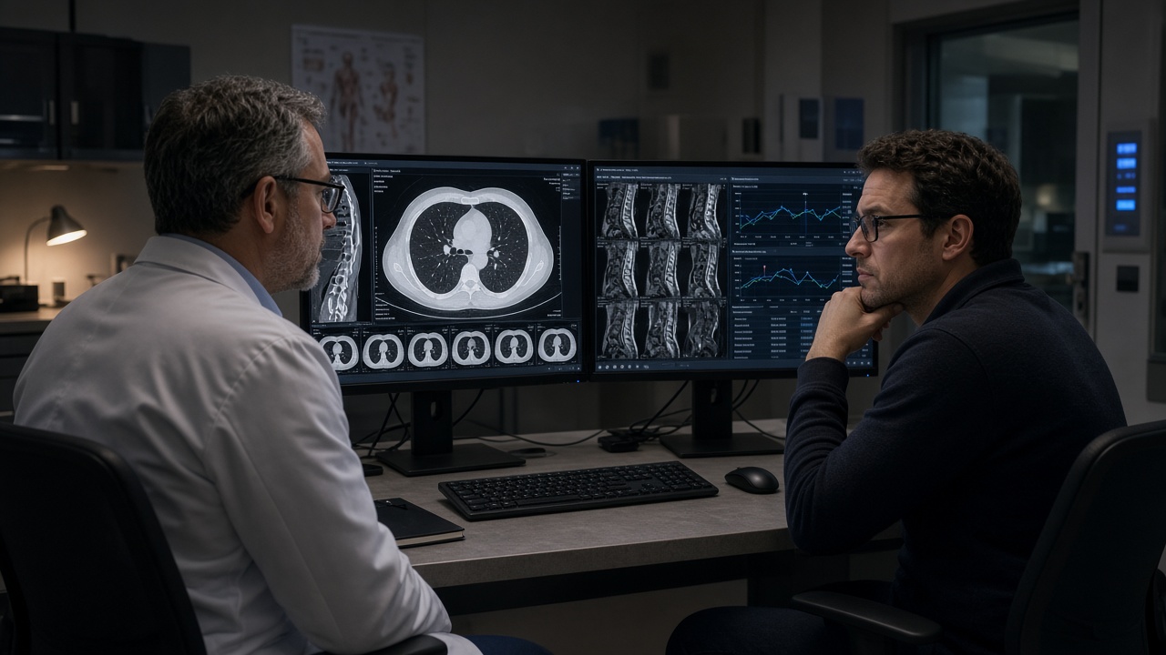 Radiologist and healthcare IT engineer troubleshooting slow PACS workstation performance on dual diagnostic monitors
